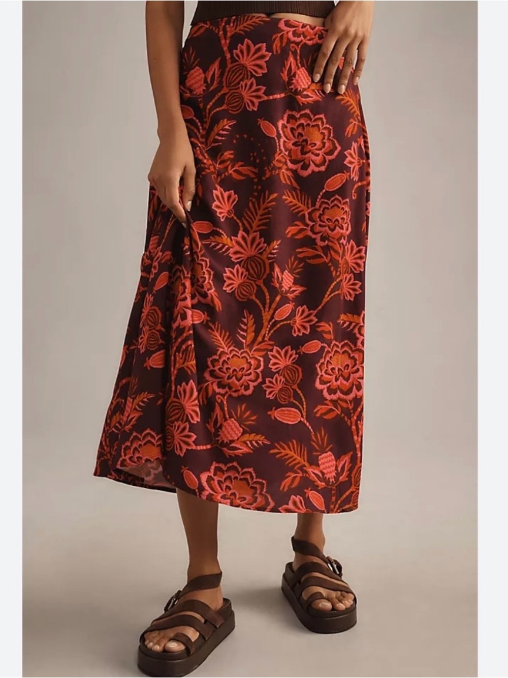 Anthropologie Farm Rio Satin Slip Floral MIDI Skirt Size Small